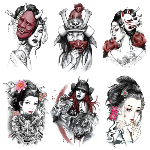 Vista 10 de 6 hojas de brazo falso impermeable cuerpo arte temporal tatuajes pegatinas negro japonés geisha samurai mujeres flor loto