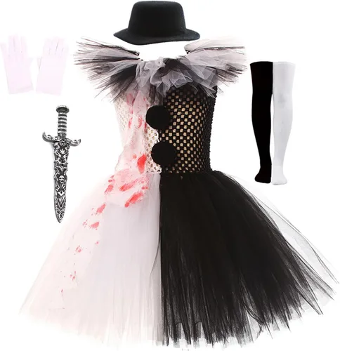 Vista 3 de Disfraz de payaso asesino espeluznante para niñas pequeñas, disfraz de Halloween, vestido de tul, cuchillo, calcetines, guantes, horquilla, disfraz