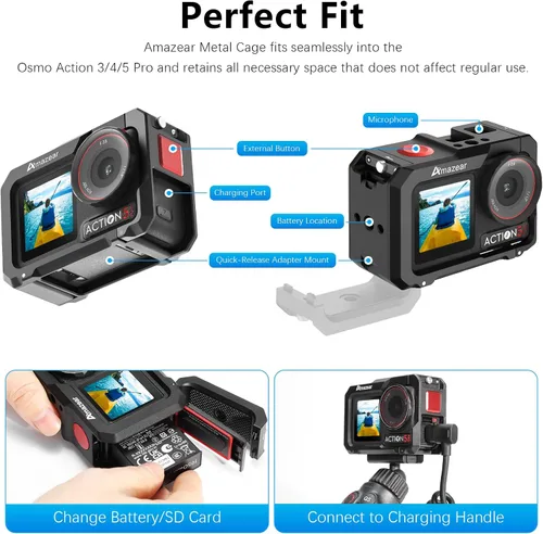 Vista 2 de AMAZEAR Jaula de metal para DJI Osmo Action 5 Pro, DJI Action3/4/5 Pro Premium Accessories Funda protectora multifunción carcasa de aluminio
