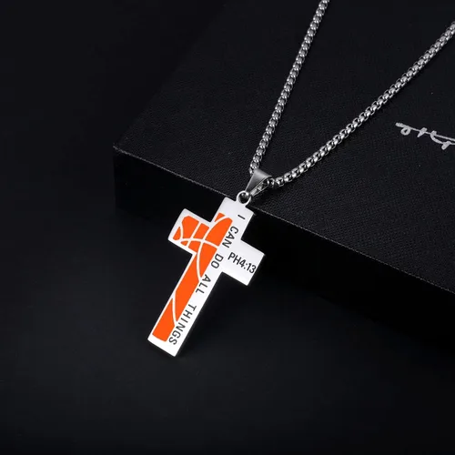 Vista 2 de Susook Basketball Cross Necklace for Boys Bible Verse I CAN DO All Things Stainless Steel Sport Pendant for Men