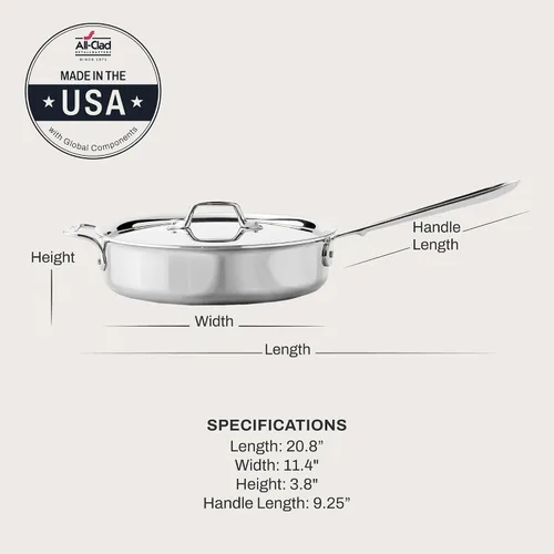 Vista 2 de All-Clad D3 Sartén Salteadora de Acero Inoxidable de 3 Capas con Tapa y Mango 3 Cuartos, Inducción, Apto para Horno y Parrilla 600F