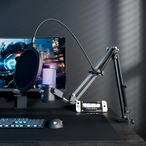 Vista 8 de JARO Micrófono USB para podcast con brazo de brazo, micrófono de condensador de estudio con monitoreo en tiempo real, silencio, control de volumen