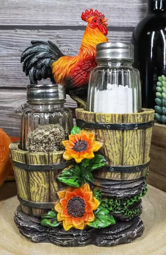 Vista 8 de Ebros Girasol Granja Gallo de pie en la valla por cubos de madera antiguos de cristal Salero y Pimentero Figura de soporte 6.5 pulgadas de alto