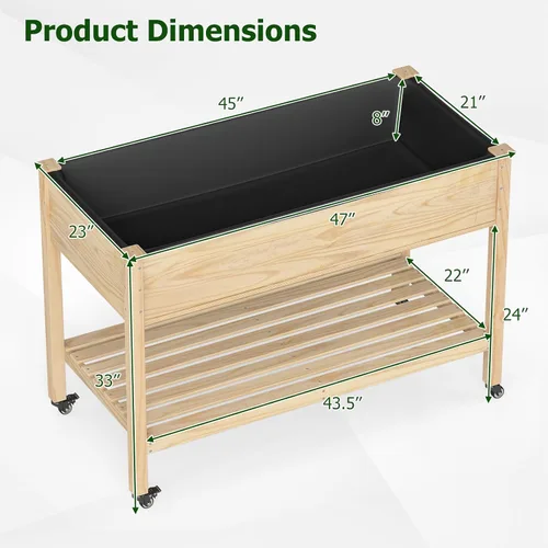 Vista 4 de Giantex Cama de jardín elevada móvil, maceta de madera con ruedas, estante de almacenamiento y forro, cama elevada enrollable de 47 x 23 x 33