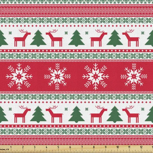 Vista 46 de Ambesonne Tela Navideña por Yarda, Tema Navideño Colorido Vivo Piñas de Pino Ramas Hombre de Jengibre Imagen de Bayas Estampada, Tela de Punto