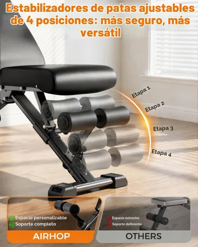 Vista 3 de AIRHOP Foldable Workout Bench, 90° to -30° FID Weight Bench for Home Gym Backrest, Seat, Leg Bar Adjustable, MAX 1000 LBS, 8-Pos Backrest, 3-Pos