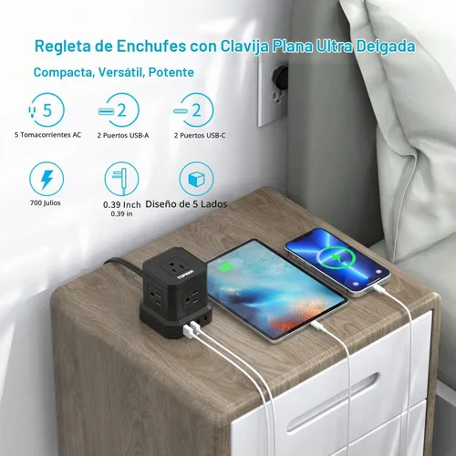 Vista 7 de TOPREK - Regleta de alimentación con USB, USB C (3.0 A) con 5 tomas, 2 USB-C y 2 USB-A, cable de extensión plano de 5 pies con enchufe plano