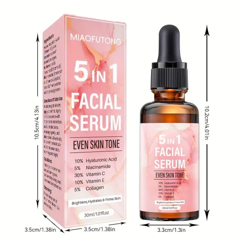 Vista 5 de Suero de vitamina C 5 en 1 para cara con 30% VC, ácido hialurónico y niacinamida, suero facial iluminador, hidratante y antioxidante para una piel