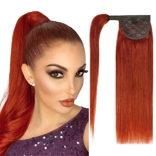 Vista 14 de Extensión de cola de caballo de cabello humano #4 marrón chocolate 100% Remy, extensión de cola de caballo recta envolvente alrededor de colas