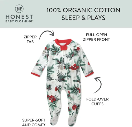 Vista 2 de HonestBaby Sleep and Play Footed Holiday Pajamas One-Piece Sleeper Zip-front Organic Cotton PJs Baby Boys, Girls, Unisex