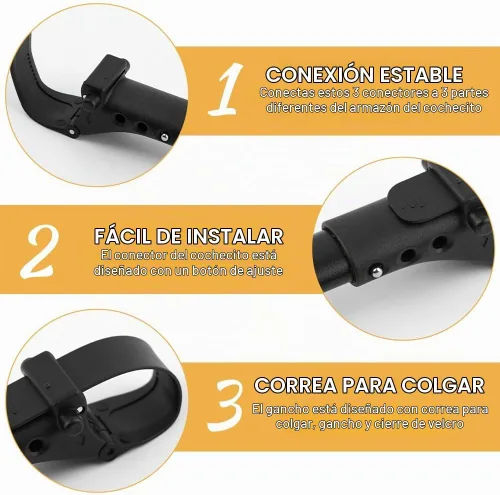 Vista 6 de Conector de cochecito de 3 piezas con 2 ganchos para cochecito, conector para niños pequeños, longitud ajustable de liberación rápida con gancho