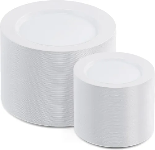 Vista 9 de AOZITA Juego de 200 piezas de platos de plástico dorados, platos desechables resistentes para fiesta y boda, incluye 100 platos de cena y 100 platos