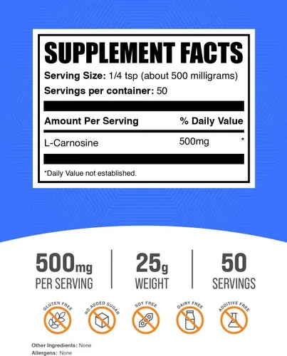 Vista 2 de BulkSupplements.com L-Carnosina en Polvo - Suplemento de Carnosina, Carnosina 500mg - Suplemento de Aminoácidos, Sin Gluten, 500mg por Porción, 25g