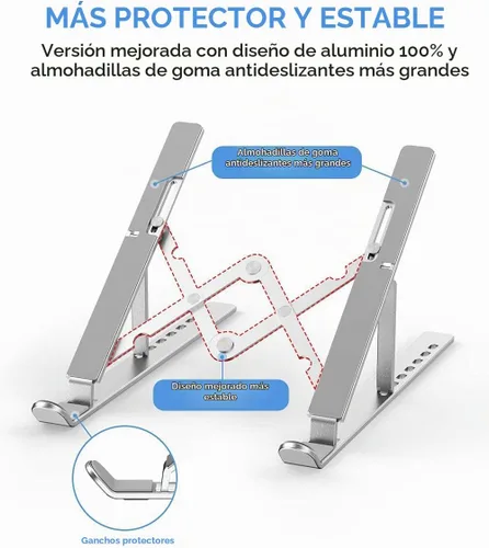 Vista 8 de Soporte para laptop, soporte portátil plegable de aluminio ajustable, almohadilla de silicona antideslizante completa, elevador de computadora