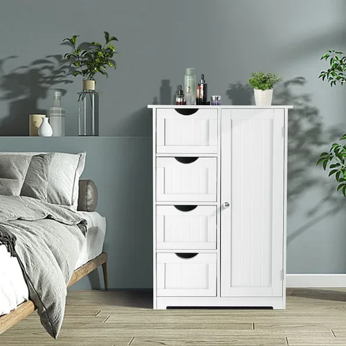 Vista 5 de Bonnlo Armario de almacenamiento pequeño de madera para baño, muebles de espacio pequeño, organizador de almacenamiento lateral blanco con 4 cajones