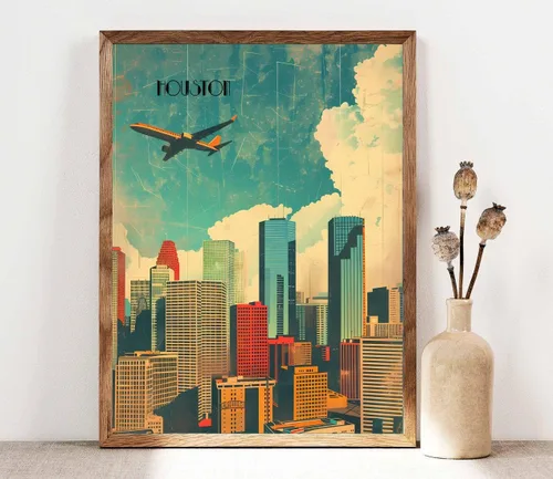 Vista 6 de Turnip Designs 8X10 sin marco Houston Texas Retro City Urbano Paisaje Arte Impresión Póster Ilustración Decoración del Hogar RC014