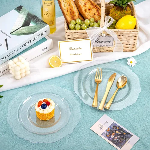 Vista 7 de WDF 60 platos desechables de plástico transparente para postre, 7.5 pulgadas, pequeños, desechables, para pasteles, aperitivos, postres para bodas