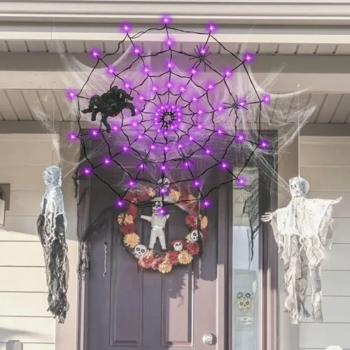 Vista 7 de Luces de telaraña de Halloween Decrations, 70 luces LED de telaraña para decoración de Halloween en interiores y exteriores, impermeables, luces LED