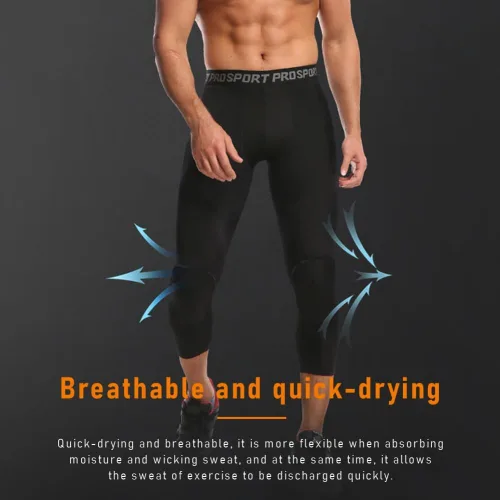 Vista 3 de Paquete de 2 pantalones de baloncesto para hombre con rodilleras 3/4 capri acolchadas, mallas de compresión deportivas, capa base atlética