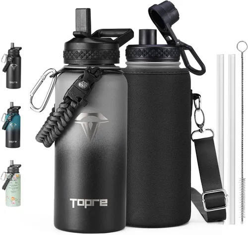 Vista 10 de Topre Botella de agua aislada de 32 onzas, botella de agua al vacío de acero inoxidable, sin BPA y a prueba de fugas - con asa de paracord, correa