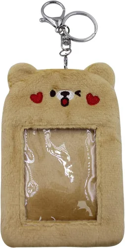 Vista 15 de JUMISEE Lindo soporte de tarjeta de fotos Kpop de felpa con llavero, funda de foto de oso de dibujos animados, protector de tarjeta de crédito