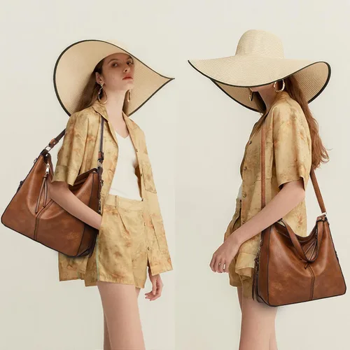Vista 2 de Bolso de mano de moda para mujer, bolso de mano, bolso de hombro, asa superior, conjunto de bolso, A-Marrón