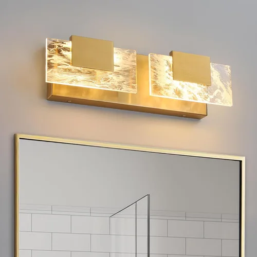 Vista 6 de Luz LED para Tocador de Baño: Accesorios de Iluminación Modernos de Acrílico en Dorado Cepillado de 16 pulgadas - 2 Luces Contemporáneas de Acabado