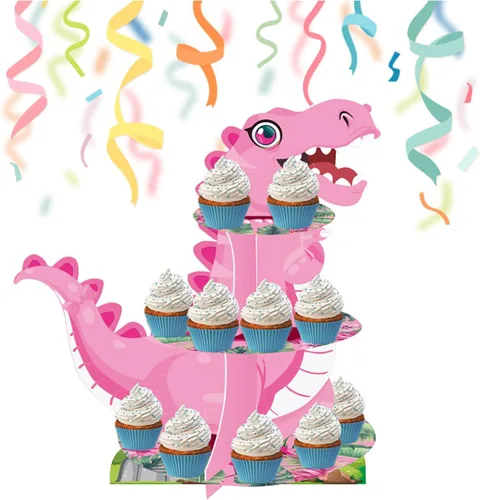 Vista 10 de Soporte de 3 niveles para cupcakes de dinosaurio, decoración de fiesta, soporte para cupcakes de dinosaurio de Anberky con forma de dinosaurio