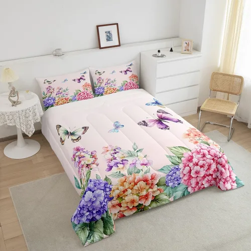 Vista 4 de Juego de edredón de mariposa morada tamaño individual para niñas y niños, ropa de cama rosa degradado, relleno de edredón de mariposa de ensueño