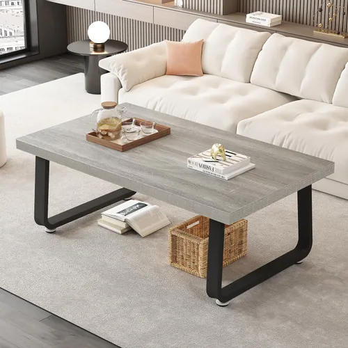 Vista 18 de HSH Mesa de café negra moderna, mesa de centro de madera rústica y metal, mesas de café sencillas de estilo granja para sala de estar, mesa de té