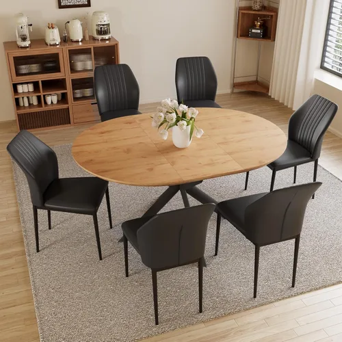 Vista 18 de HIPIHOM Juego de mesa de comedor redonda extensible de 43.2"-59.1", mesa de cocina para 4-6 personas con tablero de MDF engrosado resistente a Mesa