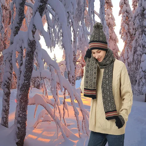 Vista 3 de 3 piezas de gorro de invierno bufanda y guantes para pantalla táctil para mujer, gorro de punto, gorro de cuello cálido, bufanda con forro polar