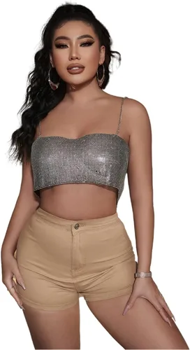 Vista 7 de Camiseta corta de lentejuelas de metal brillante para mujer, sexy, sin espalda, sin espalda, para fiesta, clubwear