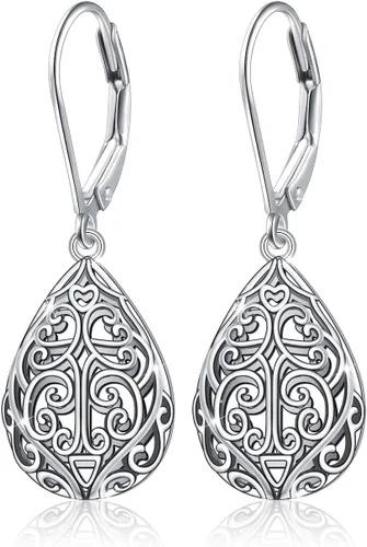 Vista 7 de Aretes colgantes de filigrana de plata de ley 925, margarita, loto, flor de rosa, piedra lunar, lágrima para mujer, nudo celta infinito, margarita