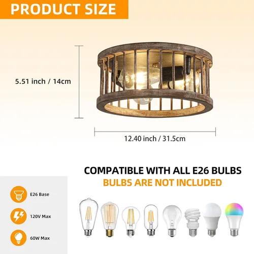Vista 3 de Lámpara de techo de montaje empotrado estilo granja, 3 luces de metal y madera de 12.6 pulgadas, lámpara de techo para cocina, pasillo, comedor
