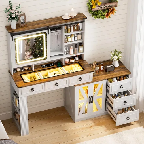 Vista 10 de Lvifur Tocador de Estilo Granja con Espejo Deslizante y Luces, Mesa de Tocador con Superficie de Cristal y Almacenamiento de Joyas, Juego de Tocador