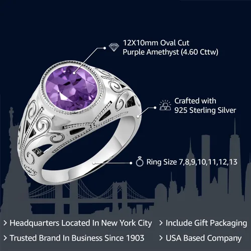 Vista 2 de Gem Stone King Anillo de piedra natal ovalada para hombre 925 plata esterlina Oval 12X10MM Disponible en tallas 7, 8, 9, 10, 11, 12, 13 Púrpura