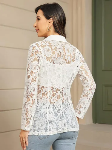 Vista 2 de WDIRARA Chaqueta elegante de manga larga con cuello de solapa y encaje floral para mujer