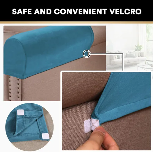 Vista 4 de PrinceDeco 2 Pack Thick Velvet Stretch Armrest Covers for Chairs and Sofas, Non Slip, Blue
