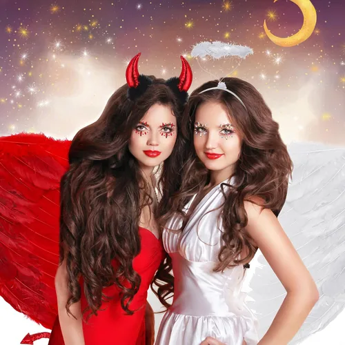 Vista 3 de Xtinmee Disfraces de ángel y diablo de Halloween para mujer, incluye diadema, falda tutú, alas, gemas y cuernos de diablo, pajarita en la cola