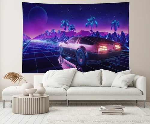 Vista 4 de Telón de fondo para automóvil Cyberpunk de 5 x 3 pies, estilo retro futurista, estilo punk, coche de carreras, automóvil de carreras punk, fondo