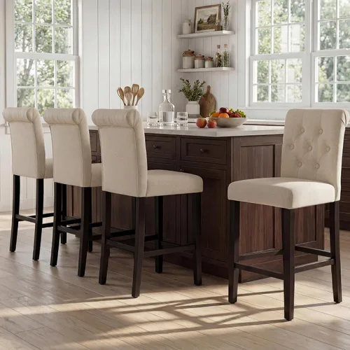 Vista 11 de GOTMINSI Taburetes de tela beige de 24 pulgadas, juego de 2 sillas tapizadas de altura de mostrador con decoración copetuda de estilo ocio