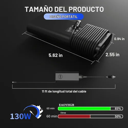Vista 2 de Cargador portátil USB C de 130 W para Dell XPS 15 17 Cable de alimentación Negro