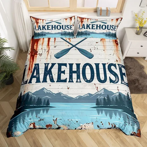 Vista 23 de Erosebridal Lake House Twin Bed Set for Boys Girls Kids, Blue and Beige Lakehouse 2Pcs Duvet Cover with Zipper, Rustic Farmhouse Bedding Sets