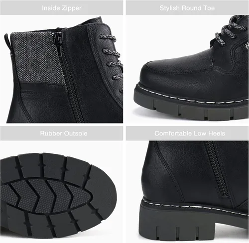 Vista 4 de starmerx Botas de combate con cordones para mujer botines de tacón bajo cómodos botines con cremallera lateral