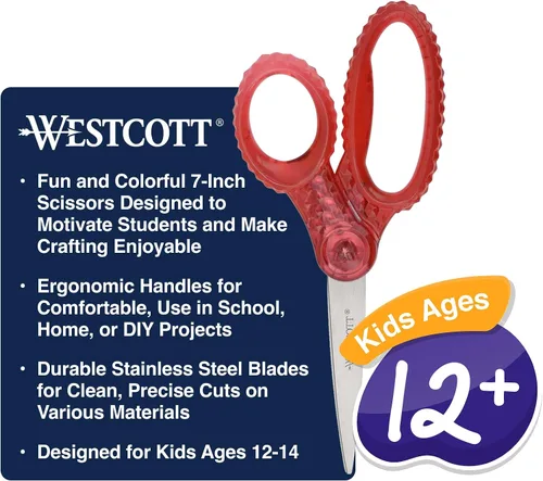 Vista 3 de Westcott GEM con diseño de cristal, tijeras puntiagudas de 7 pulgadas para estudiantes de 12 años en adelante, esencial para el aula con empuñadura
