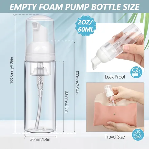 Vista 2 de Dandat 120 dispensadores de jabón de espuma de plástico de 2 onzas, botella de bomba de espuma recargable a granel, botellas vacías de limpieza