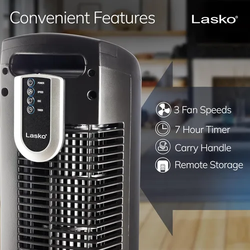 Vista 5 de Lasko Ventilador de torre oscilante con control remoto, 3 velocidades silenciosas, temporizador para dormitorio, cocina, uso en oficina, negro, 36
