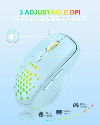 Vista 4 de UHURU Mouse inalámbrico para laptop, mouse LED recargable de 2.4G, ratones de computadora pequeños con clic silencioso, 3 DPI ajustables, 6 botones