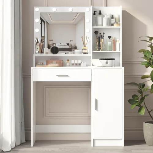 Vista 2 de Vanity Desk with Mirror & Light, Large Drawer Three Level Storage Dresser, 3 Lighting Modes Adjustable Brightness, Bedroom Dressing Table(White)